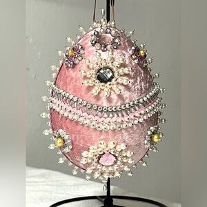 Handmade Vintage Style Push Pin Pink Easter Egg Christmas Ornament 6 in